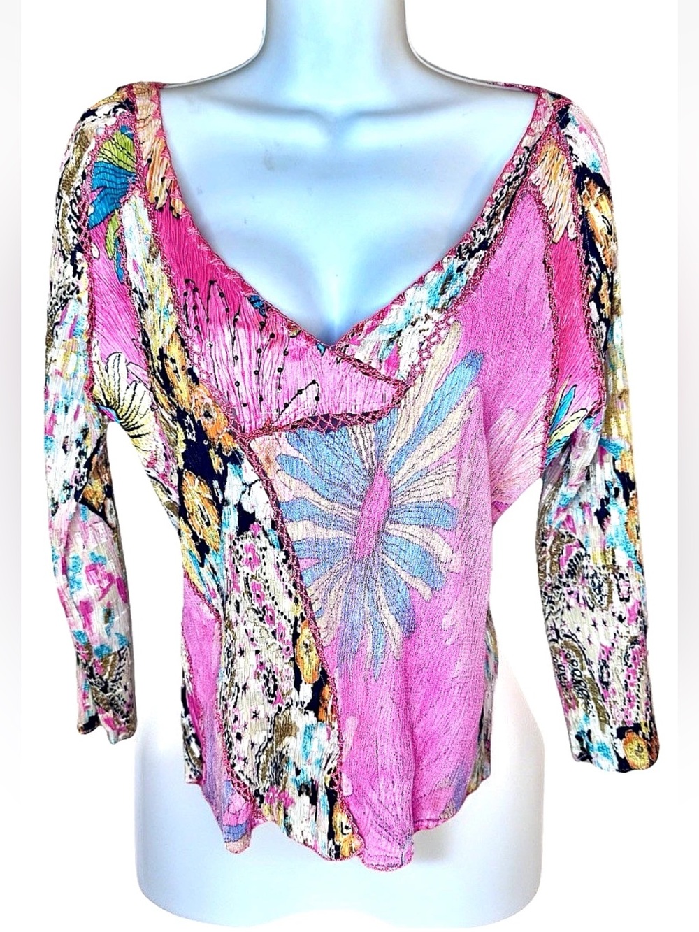 🌸ALBERTO MAKALI🌸 GEO CRINKLE SEQUIN CROCHET STRETCH PLUNGE NECK LONG SLEEVE TOP